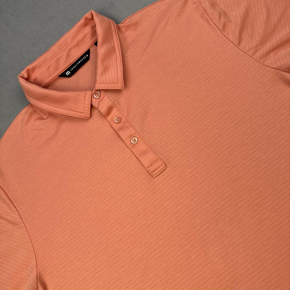 TravisMathew Polo Shirt Mens XL Orange Micro Stripe Golf Performance Knit Casual